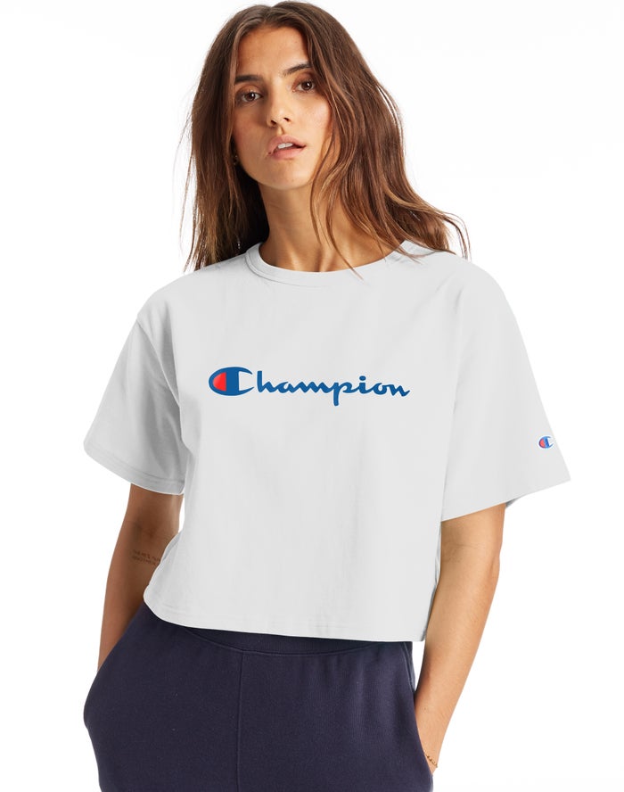 Champion Heritage Cropped Script Logo Kadın Tişört Beyaz ( WODHCS158 )